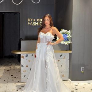 Rochie Lunga Alba Cu Corset Si Detalii Volanate DYA1202