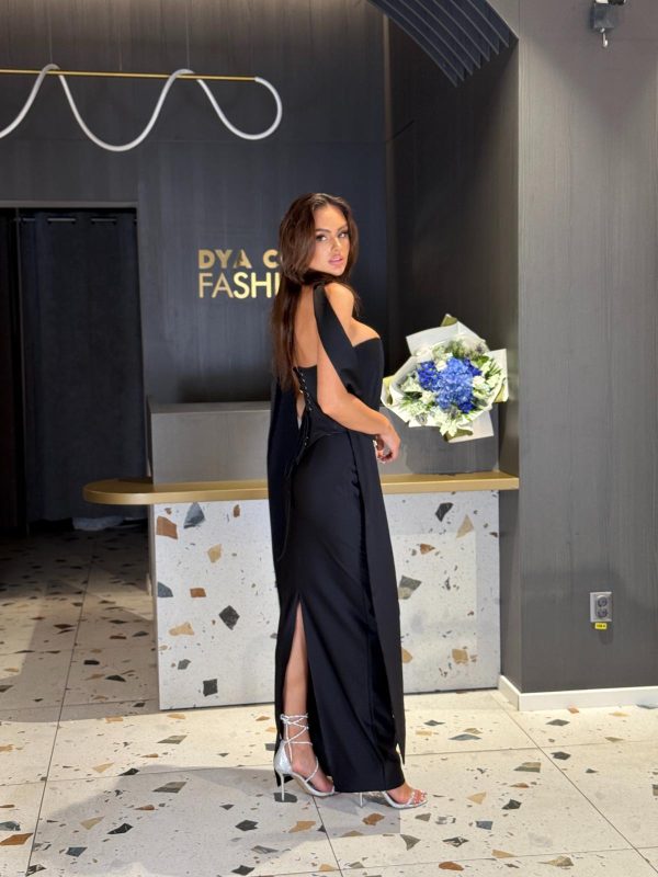 Rochie Lunga Neagra Cu Corset Si Detalii Argintii DYA1203 - imagine 3