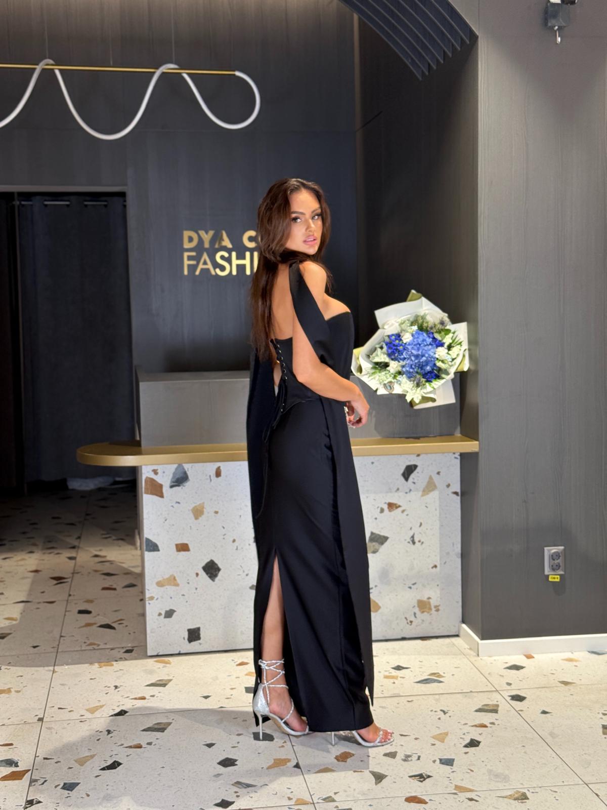 Rochie Lunga Neagra Cu Corset Si Detalii Argintii DYA1203 - imagine 3