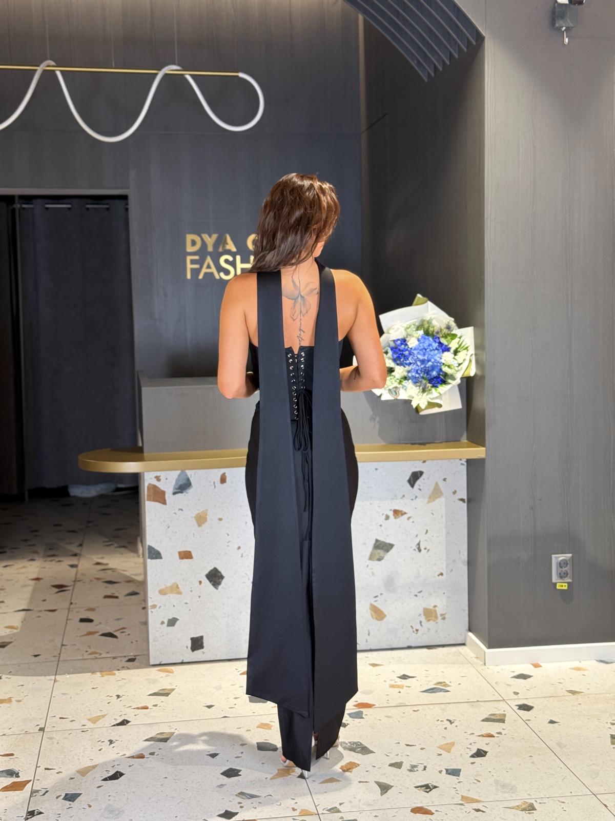 Rochie Lunga Neagra Cu Corset Si Detalii Argintii DYA1203 - imagine 2