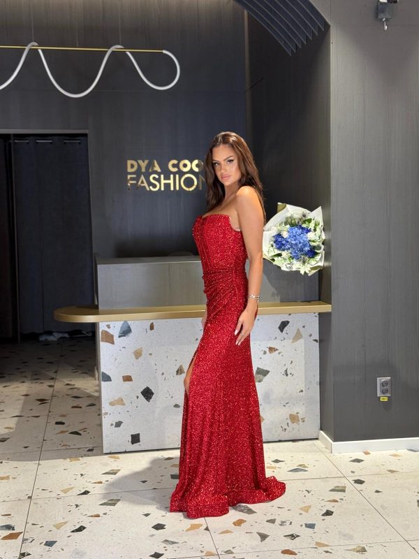 Rochie Lungă Roșie Din Paiete Cu Crepeu DYA1207 - imagine 2