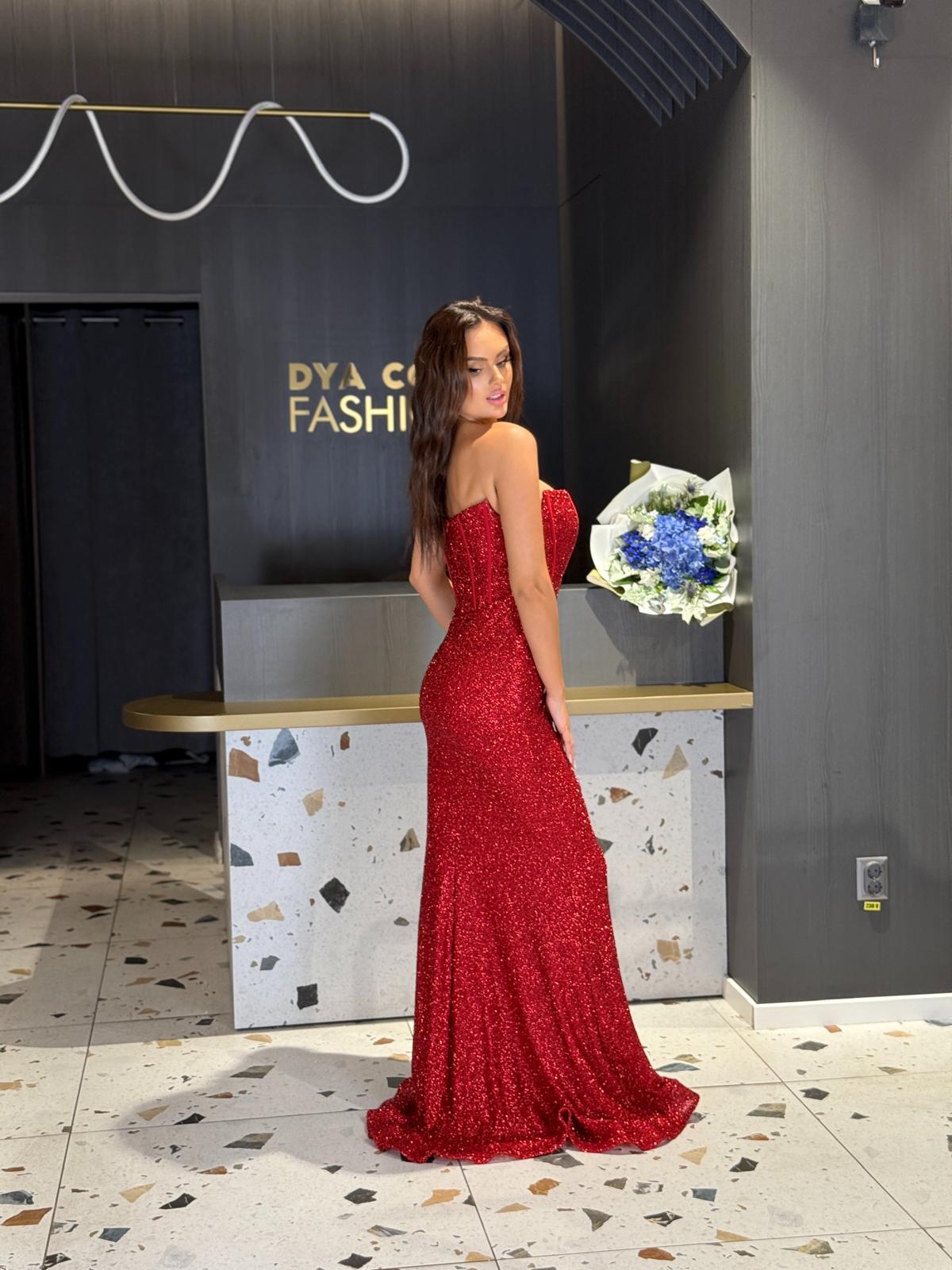 Rochie Lungă Roșie Din Paiete Cu Crepeu DYA1207 - imagine 3