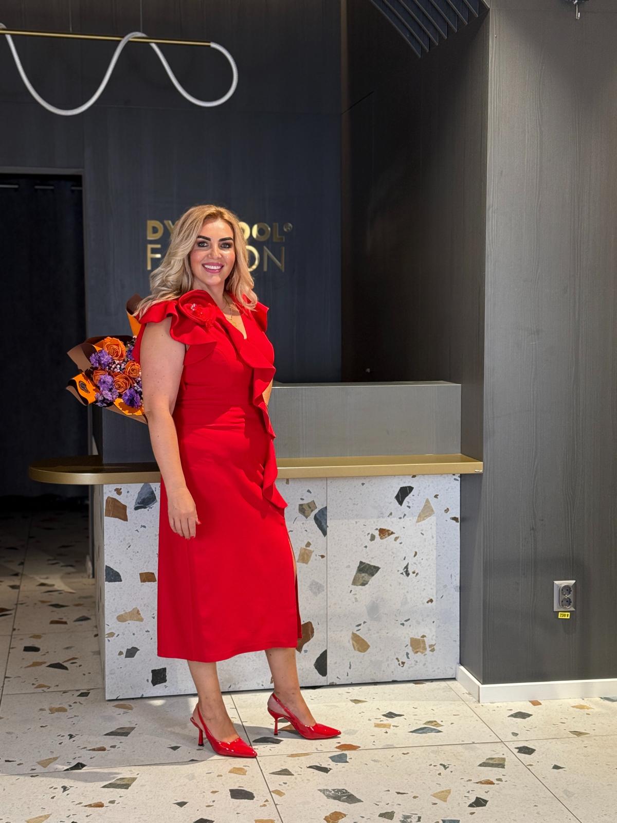 Rochie Midi Rosu Cu Volane Și Floare Decorativă DYA1210 - imagine 3