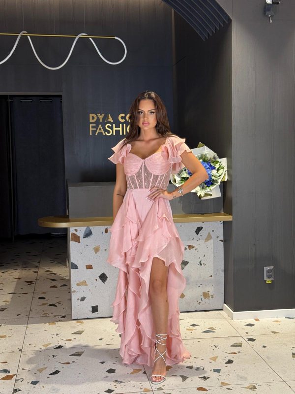 Rochie Lunga Roz Cu Corset Si Volane DYA1213 - imagine 4