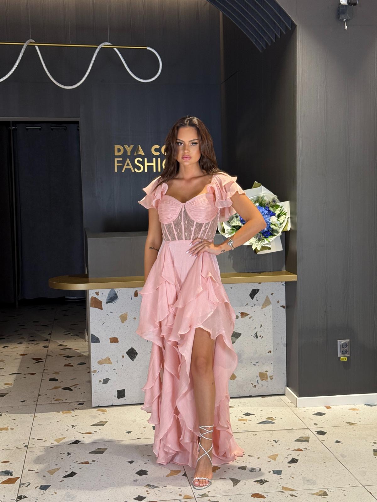 Rochie Lunga Roz Cu Corset Si Volane DYA1213 - imagine 4