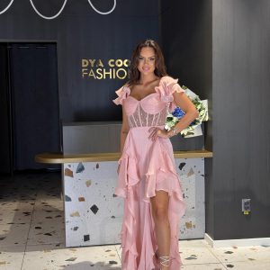 Rochie Lunga Roz Cu Corset Si Volane DYA1213