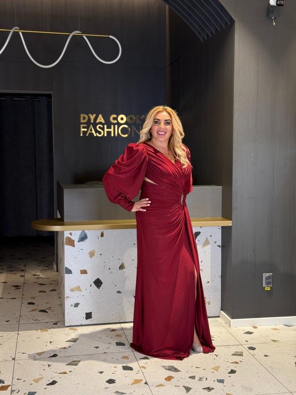Rochie Lunga Rosu Burgundy Cu Brosa Stralucitoare DYA1226 - imagine 3