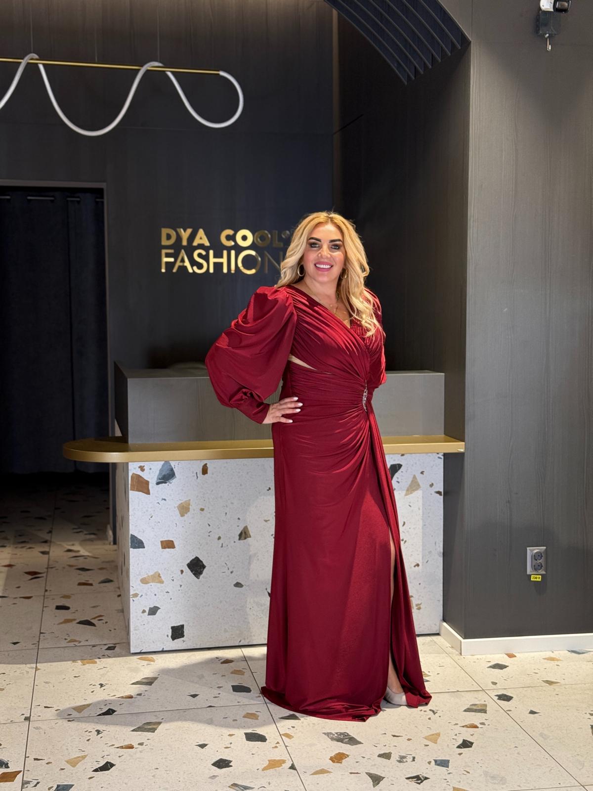 Rochie Lunga Rosu Burgundy Cu Brosa Stralucitoare DYA1226 - imagine 3