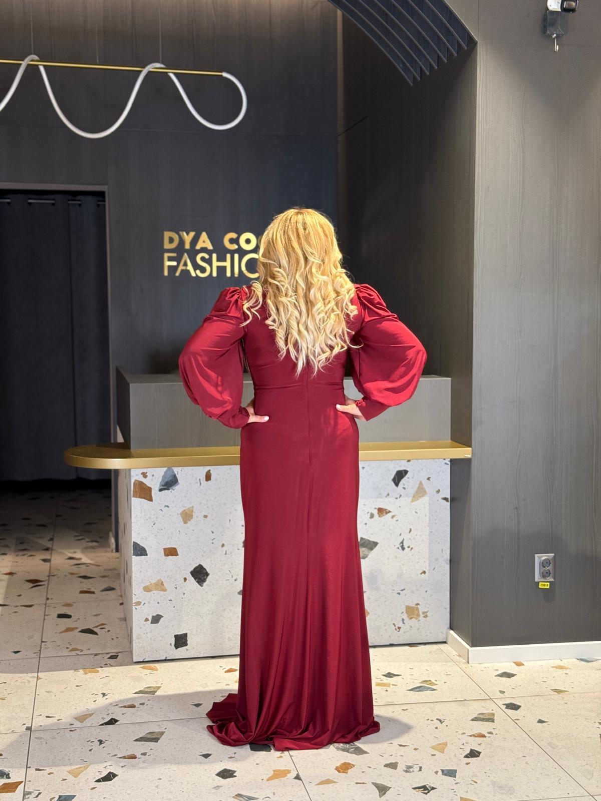 Rochie Lunga Rosu Burgundy Cu Brosa Stralucitoare DYA1226 - imagine 4