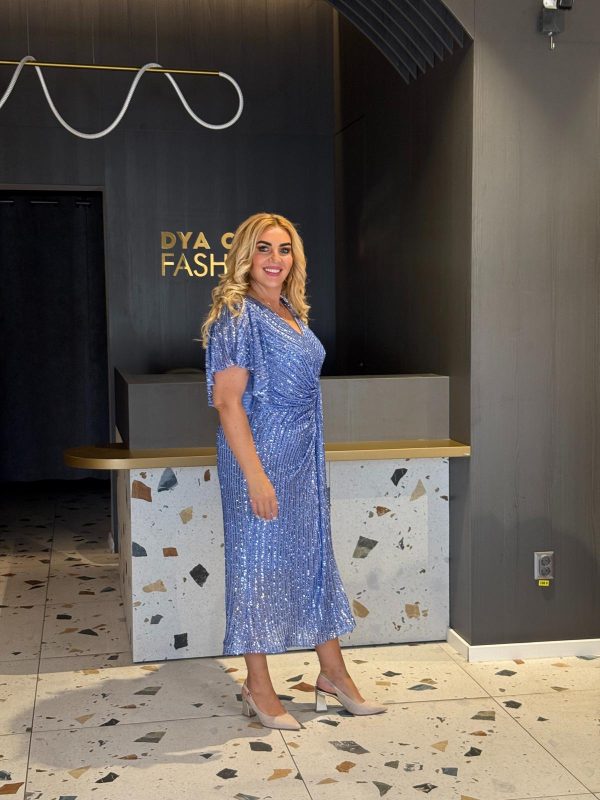 Rochie Midi Albastra Cu Paiete Si Decolteu In V DYA1233 - imagine 3