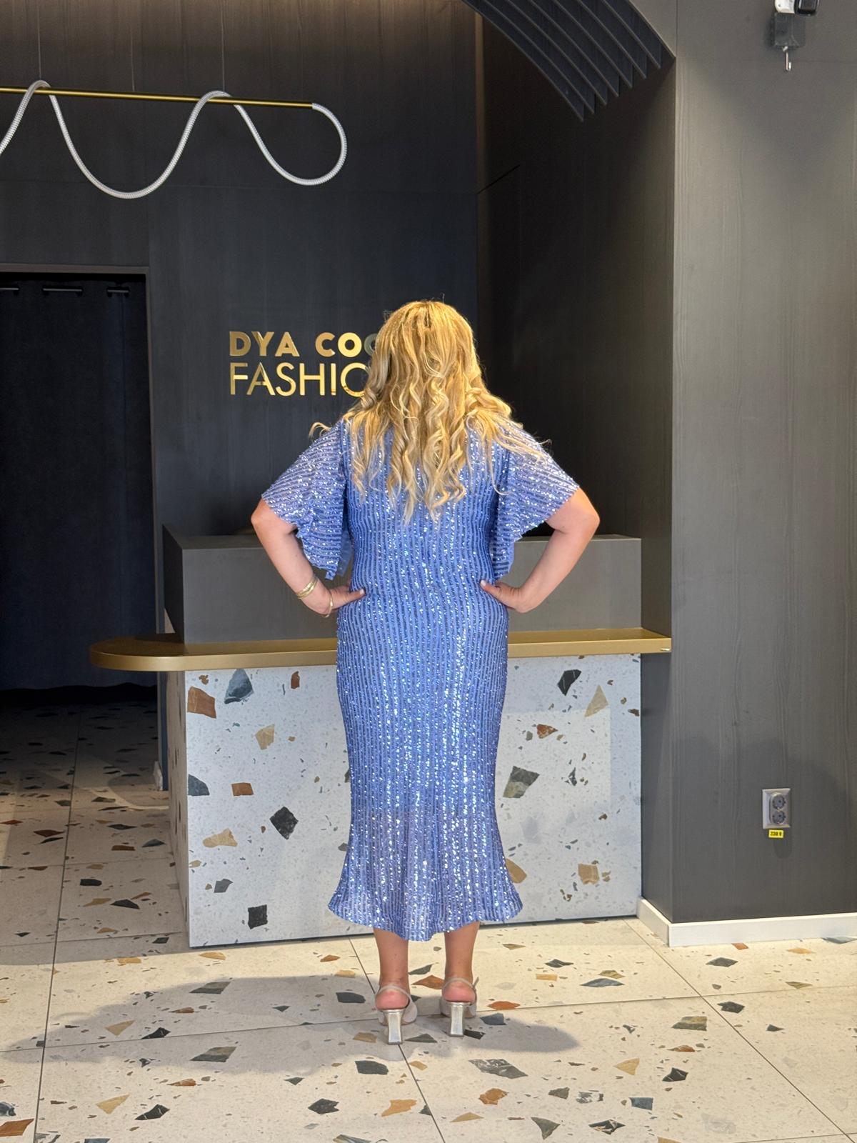 Rochie Midi Albastra Cu Paiete Si Decolteu In V DYA1233 - imagine 4