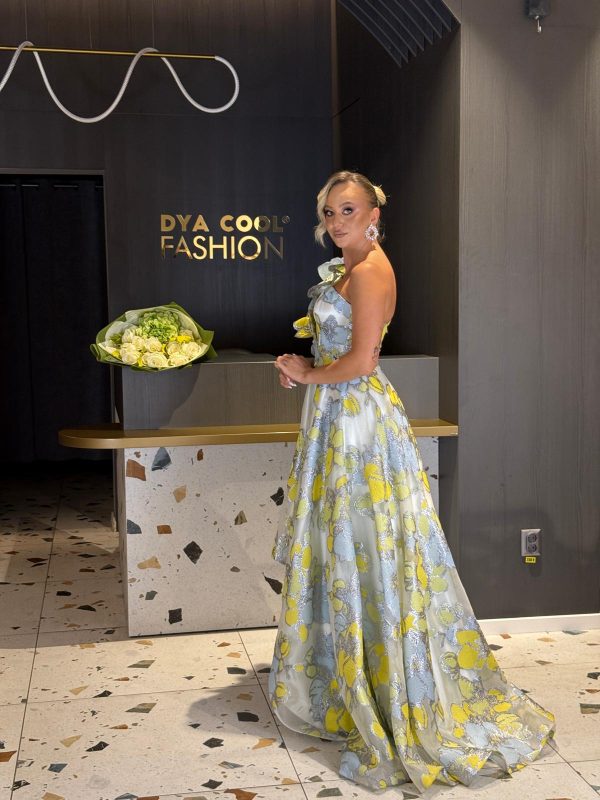 Rochie Asimetrică Lungă Cu Imprimeu Floral Galben-Argintiu DYA1240 - imagine 3