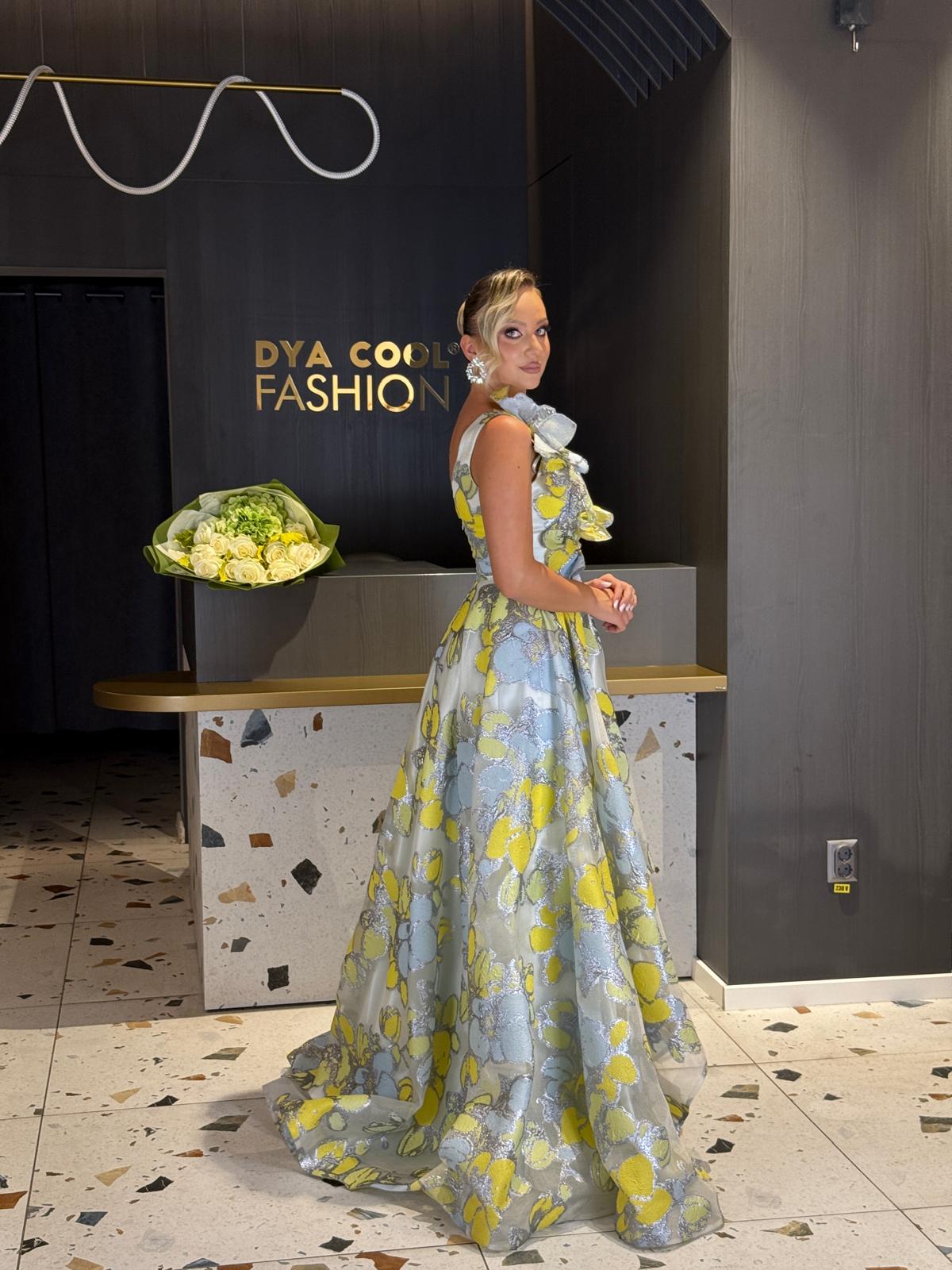Rochie Asimetrică Lungă Cu Imprimeu Floral Galben-Argintiu DYA1240 - imagine 2