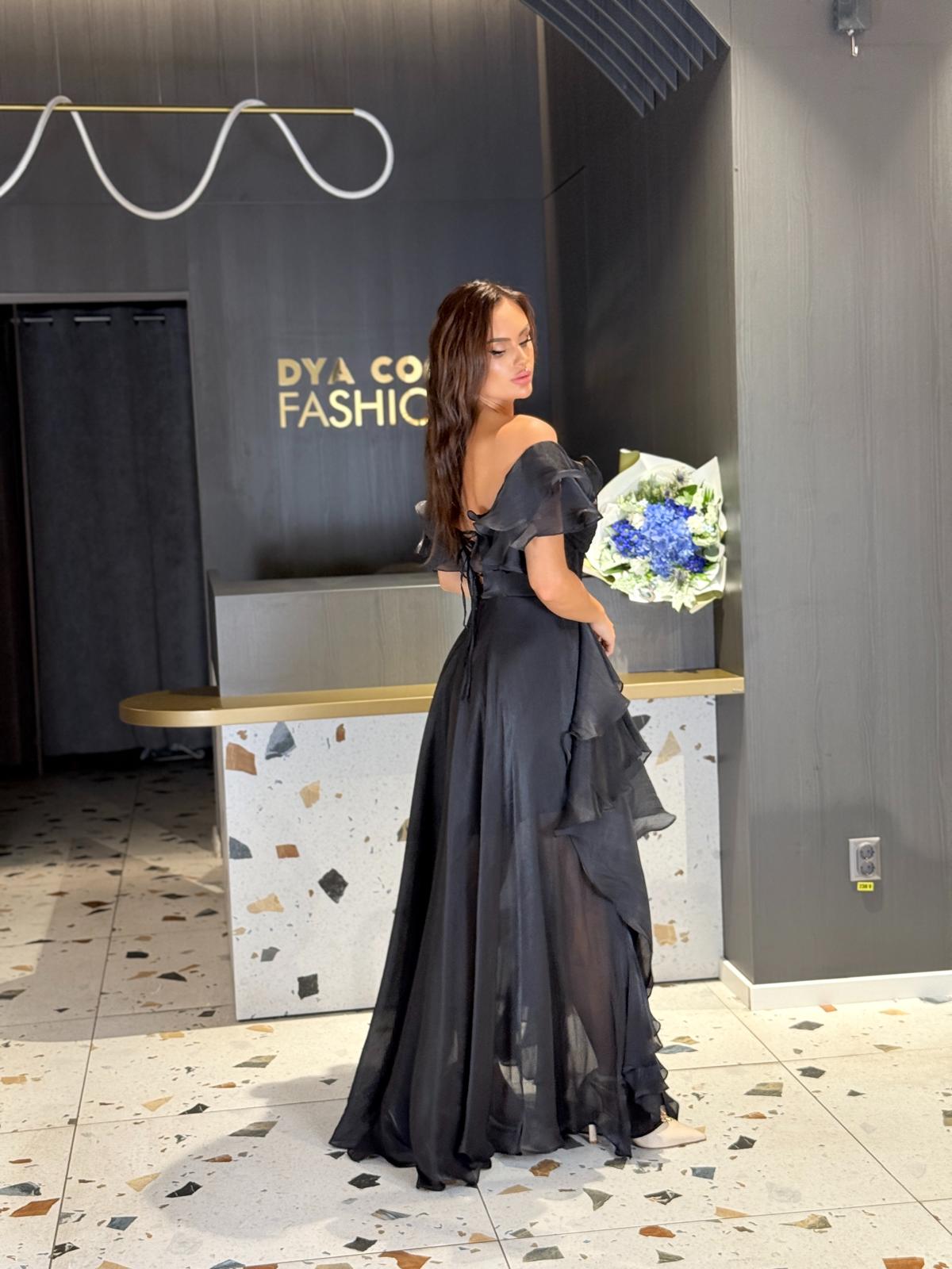 Rochie Lunga Neagra Cu Corset Si Volane DYA1205 - imagine 3