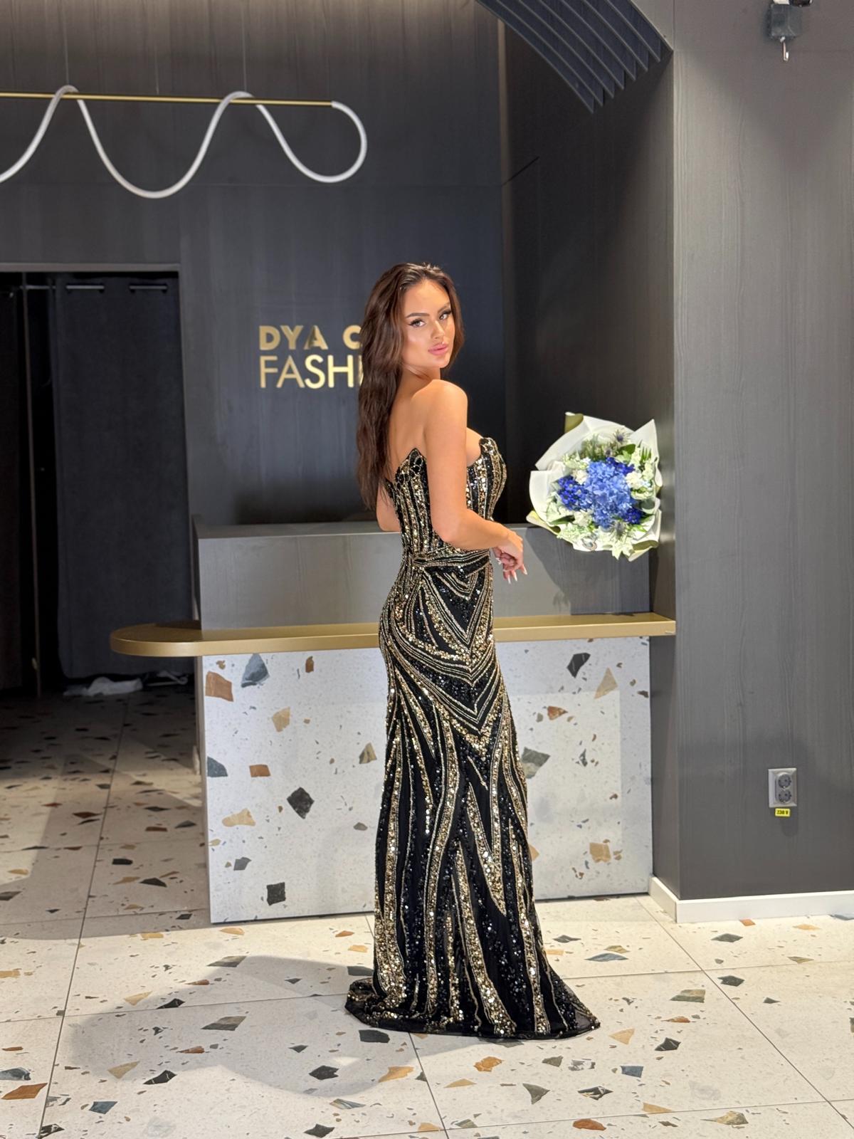 Rochie Lunga Neagra Cu Auriu Si Paiete DYA1218 - imagine 2