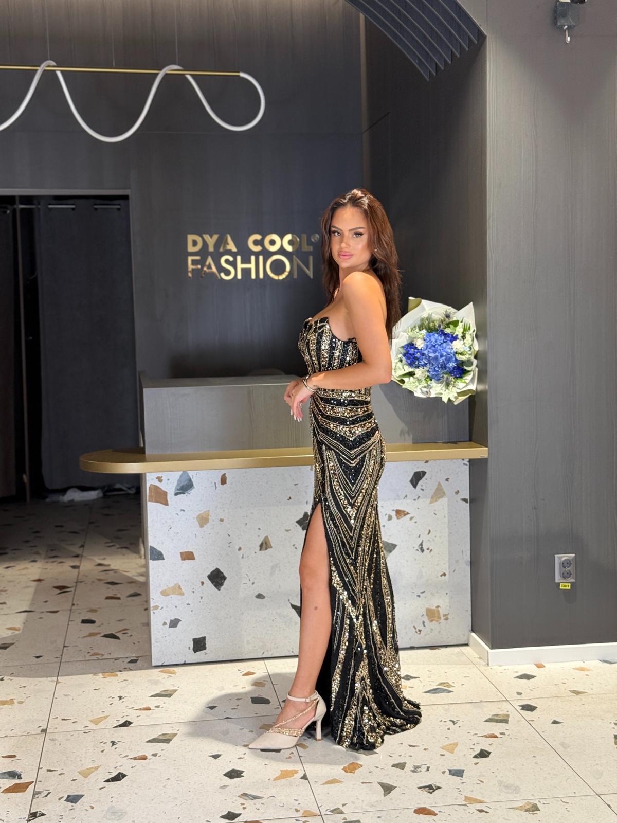 Rochie Lunga Neagra Cu Auriu Si Paiete DYA1218 - imagine 3