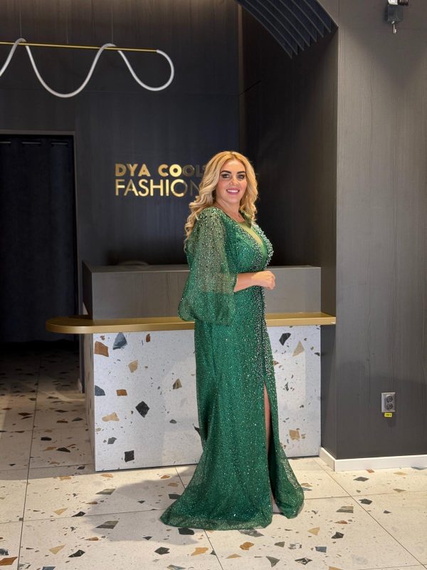 Rochie Lungă Verde Smarald Din Tull Cu Sclipici DYA1230 - imagine 3