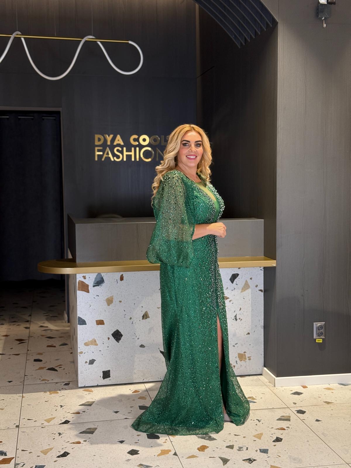 Rochie Lungă Verde Smarald Din Tull Cu Sclipici DYA1230 - imagine 3