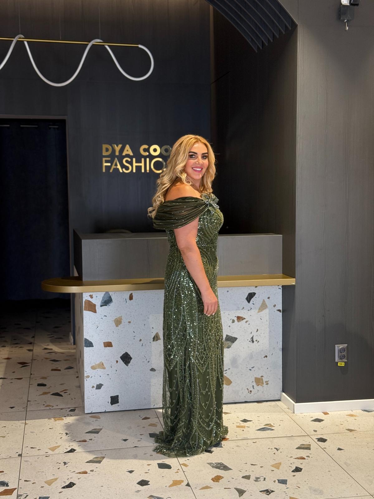 Rochie Lungă Verde Kaki Din Tull  Cu Paiete Llx DYA1228 - imagine 4
