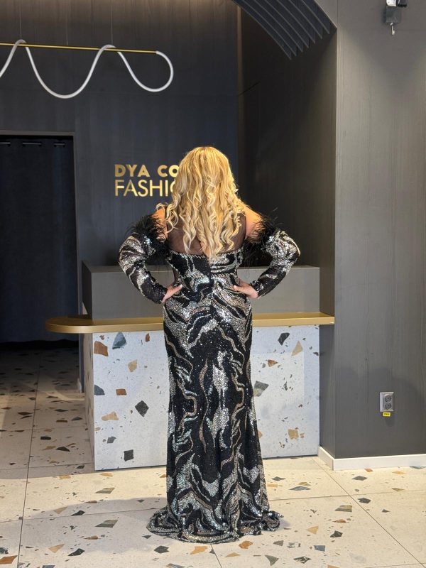 Rochie Lungă din Paiete Negre și Argintii DYA1307 - imagine 5