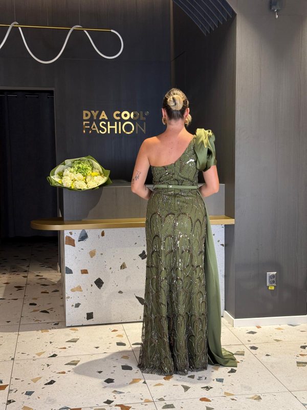 Rochie Lungă Verde Un Umăr DYA1266 - imagine 4