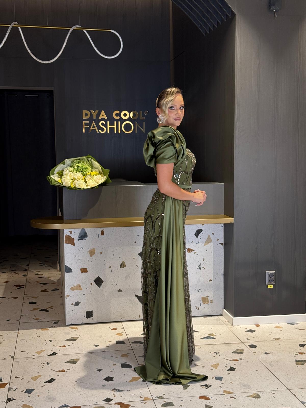 Rochie Lungă Verde Un Umăr DYA1266 - imagine 3