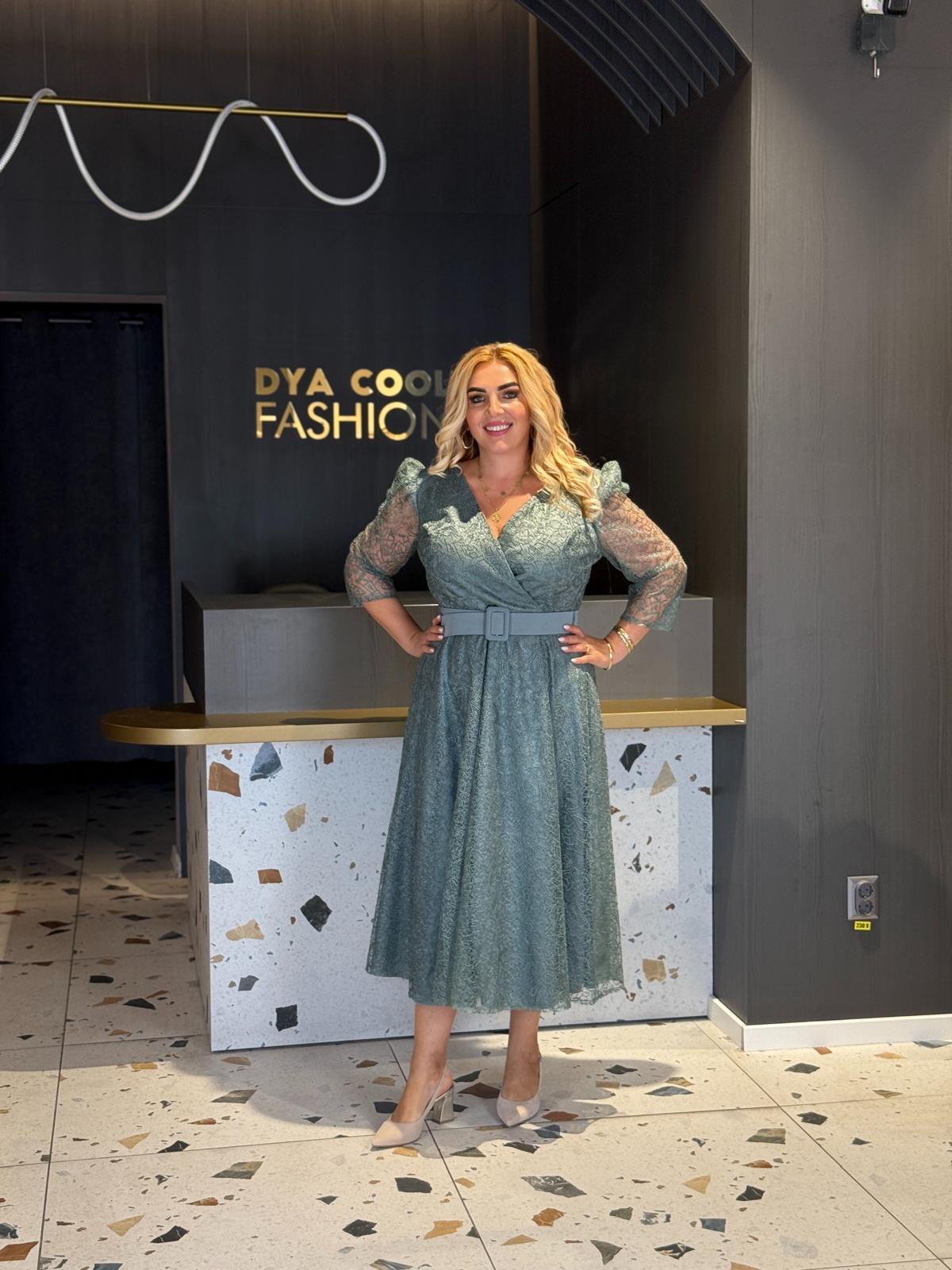 Rochie Midi Din Dantelă Verde Cu Mâneci Lungi DYA1267
