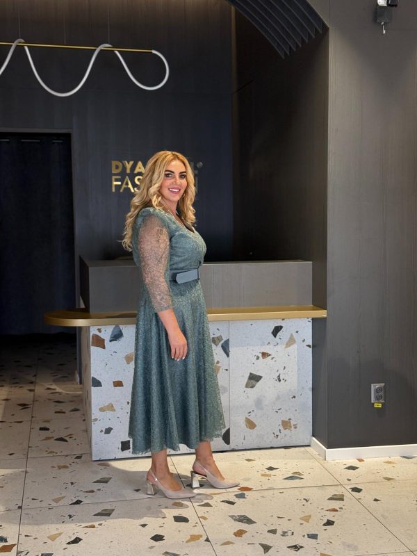 Rochie Midi Din Dantelă Verde Cu Mâneci Lungi DYA1267 - imagine 2