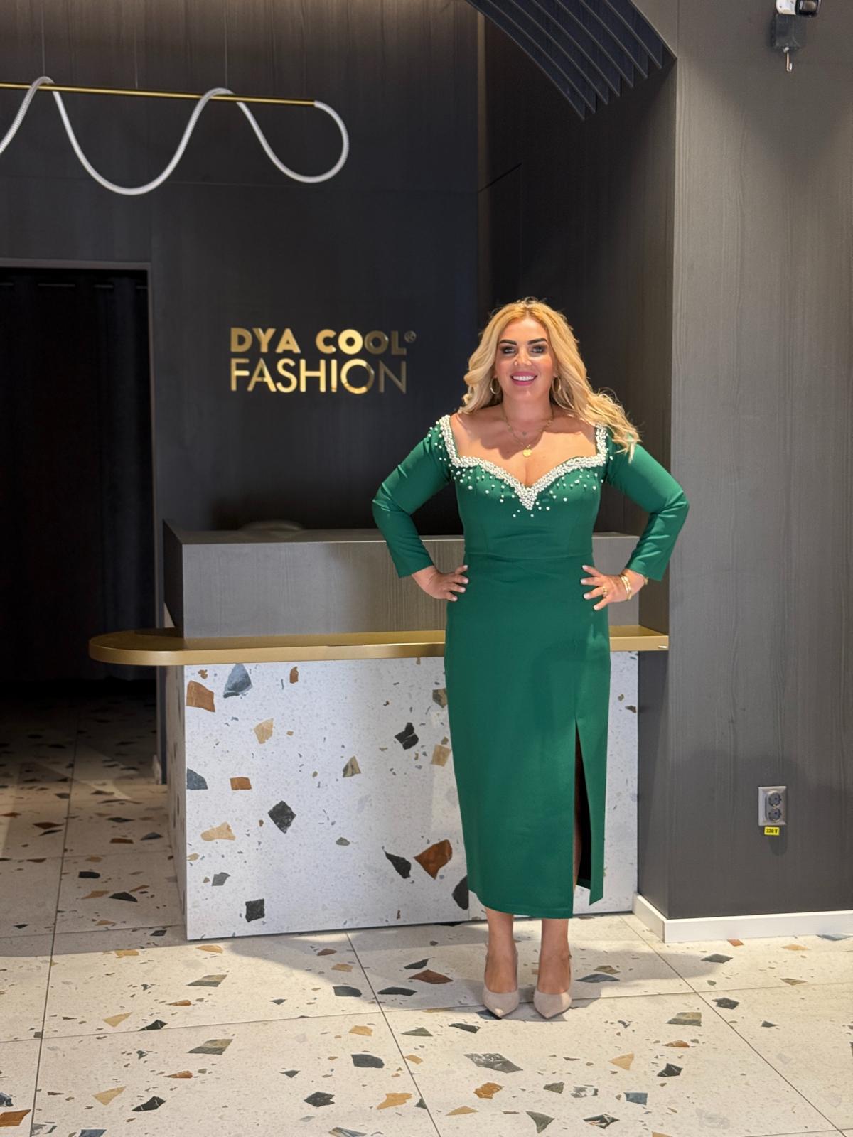 Rochie Midi Verde cu Aplicații de Perle DYA1272 - imagine 4