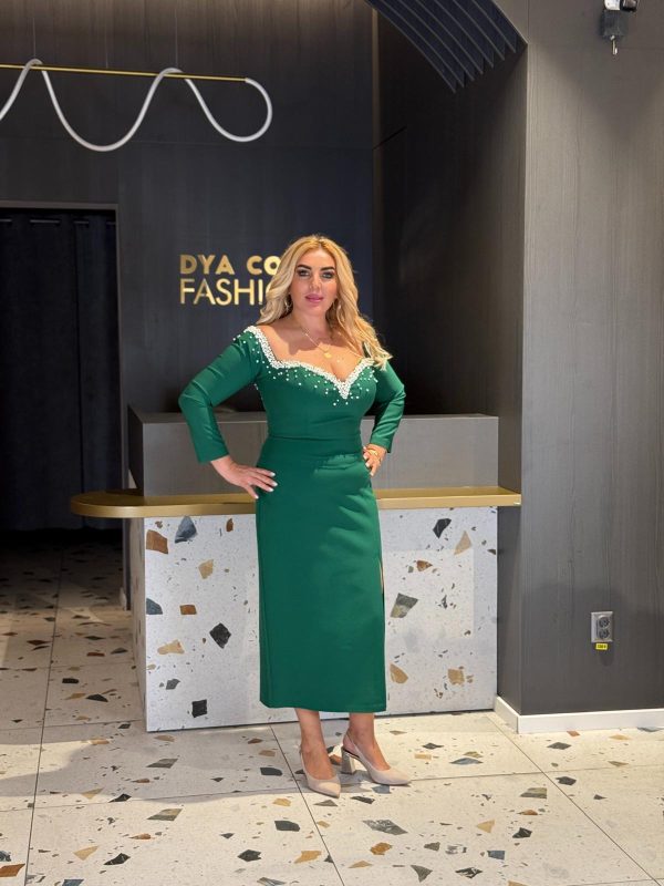 Rochie Midi Verde cu Aplicații de Perle DYA1272 - imagine 3