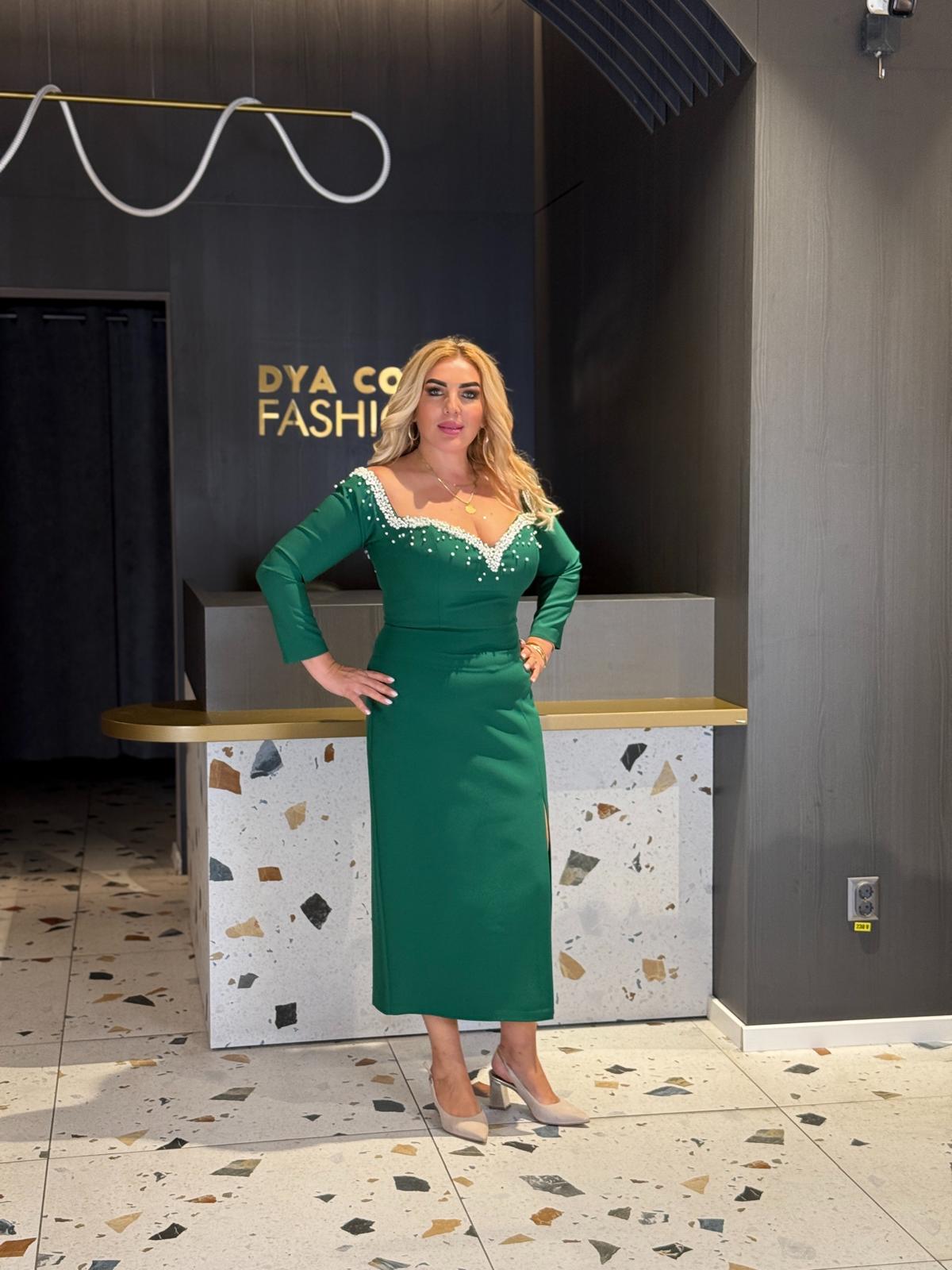Rochie Midi Verde cu Aplicații de Perle DYA1272 - imagine 3