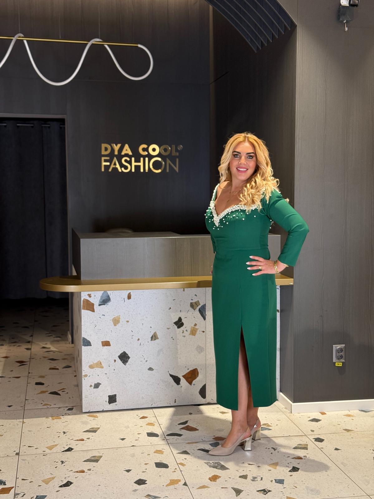 Rochie Midi Verde cu Aplicații de Perle DYA1272 - imagine 2