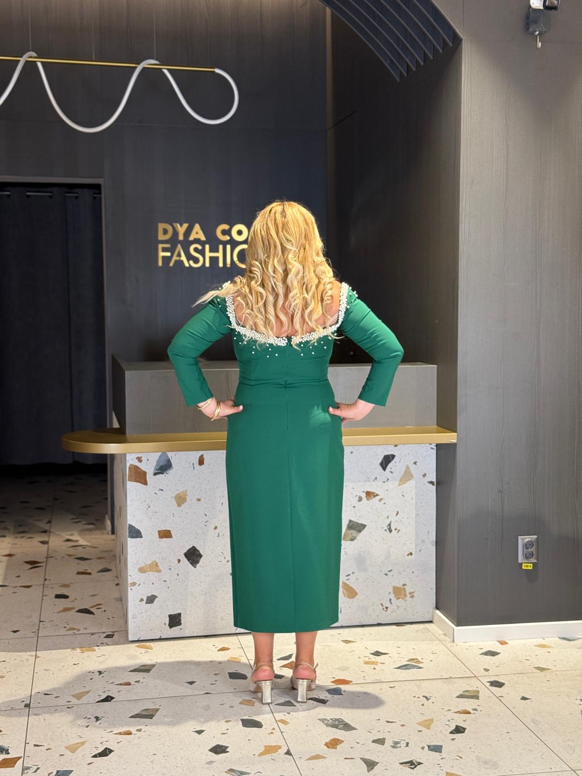 Rochie Midi Verde cu Aplicații de Perle DYA1272 - imagine 5