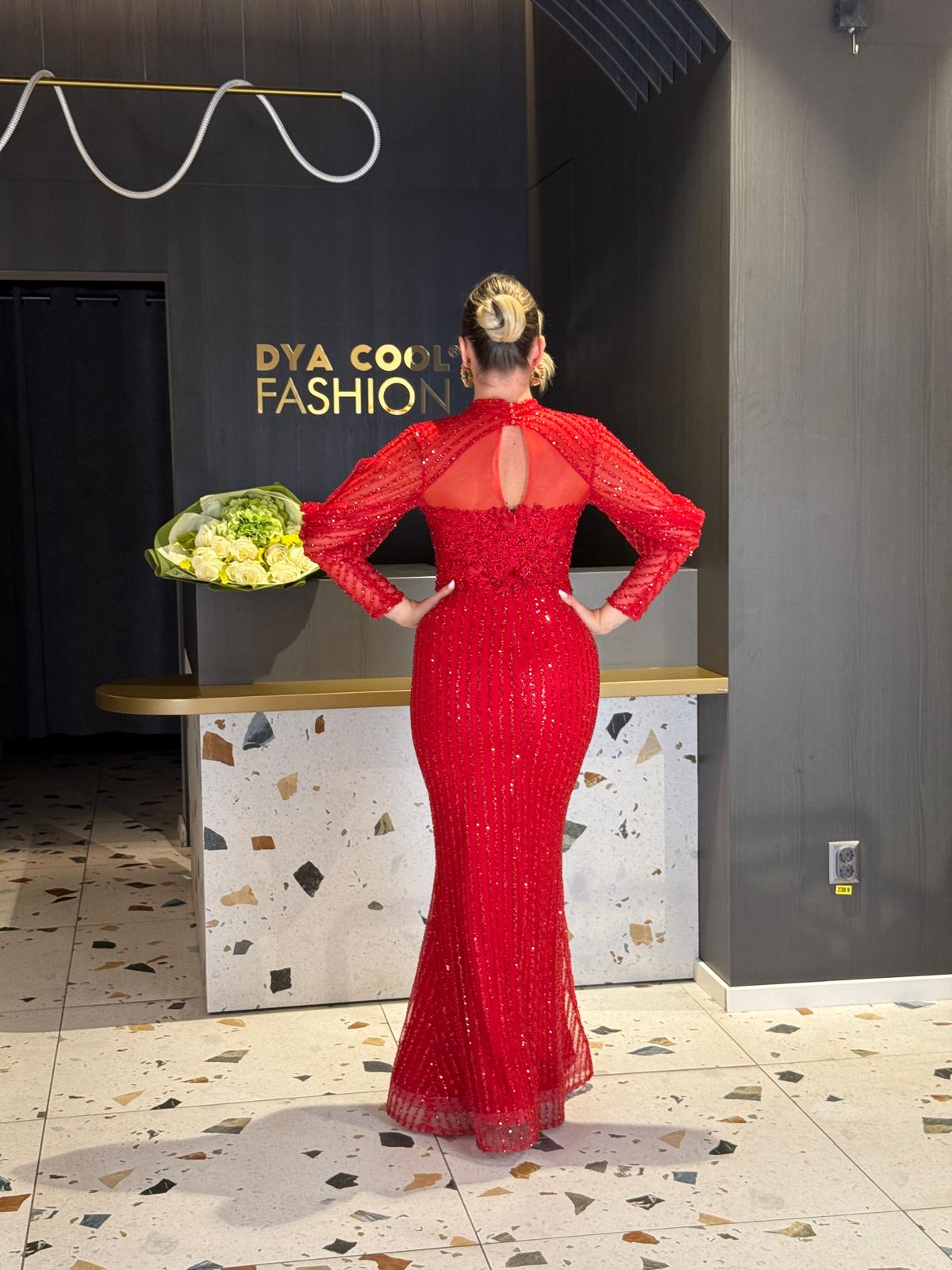Rochie Lungă  Roșie Cu Mărgele Și Dantelă DYA1273 - imagine 4