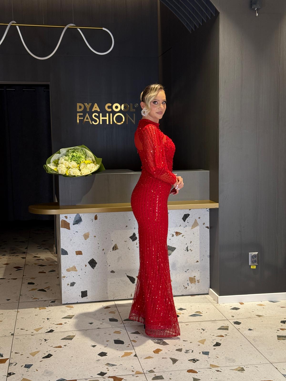 Rochie Lungă  Roșie Cu Mărgele Și Dantelă DYA1273 - imagine 2