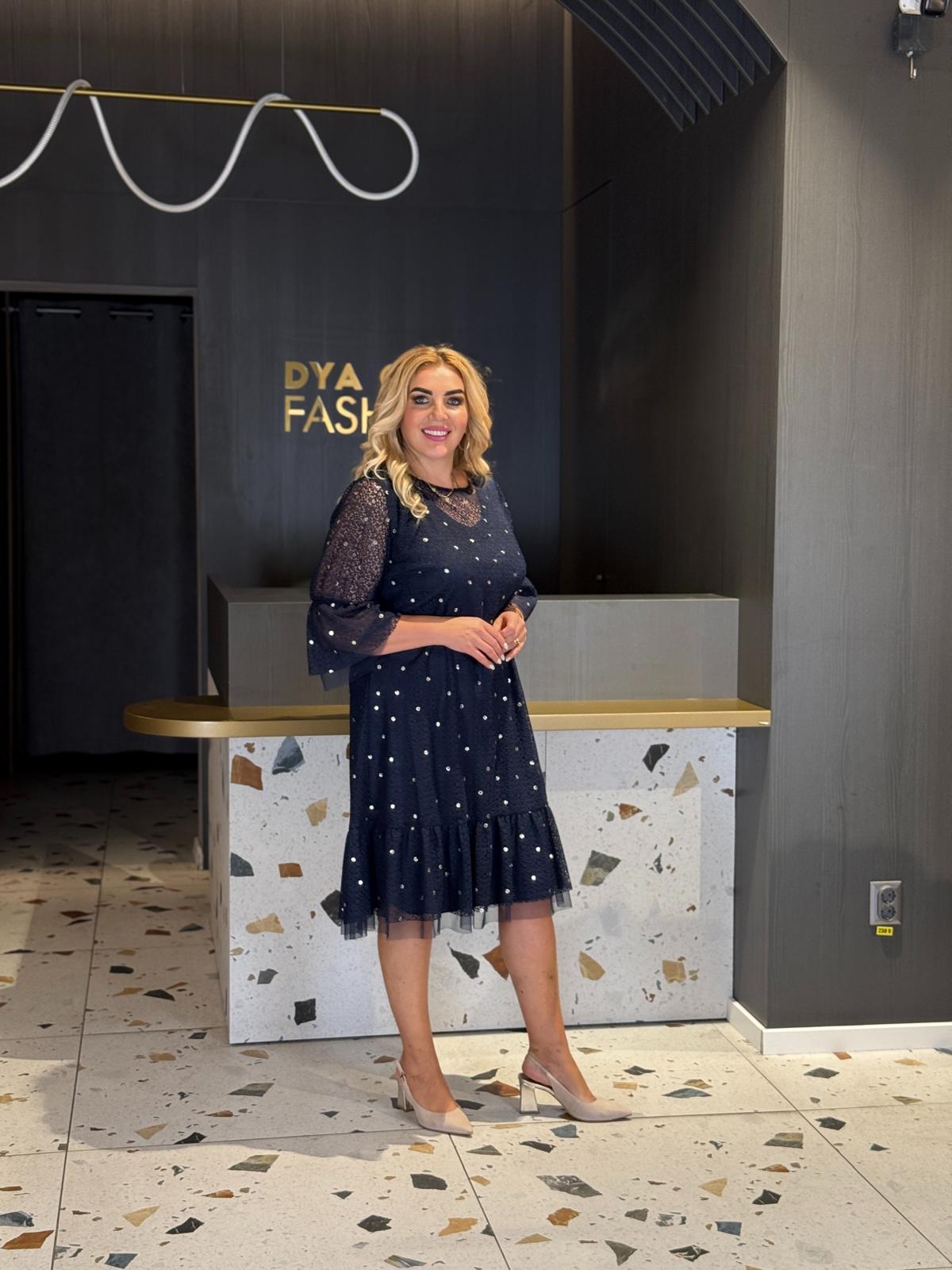 Rochie Bleumarin Cu Perle Și Tull DYA1280 - imagine 3