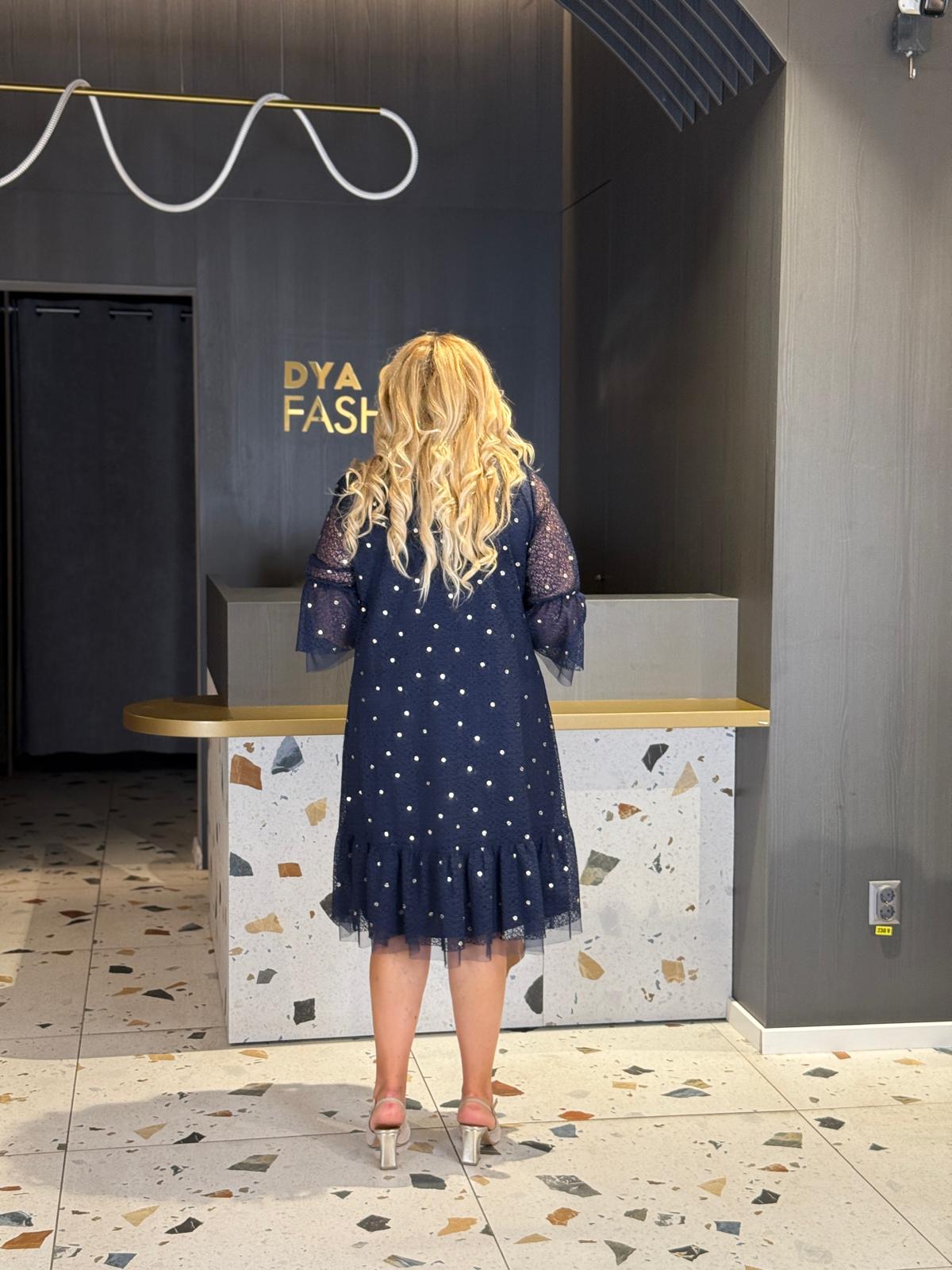 Rochie Bleumarin Cu Perle Și Tull DYA1280 - imagine 4