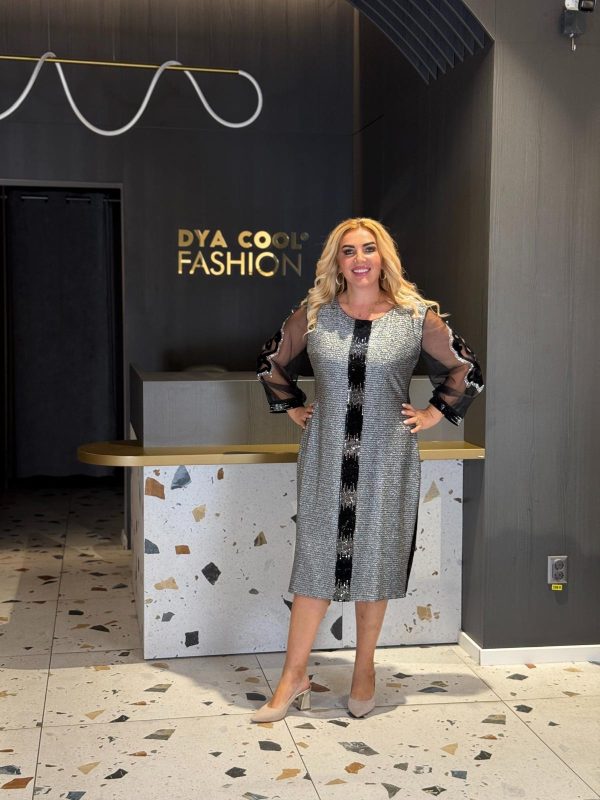 Rochie Midi Gri Cu Inserții Negre DYA1279
