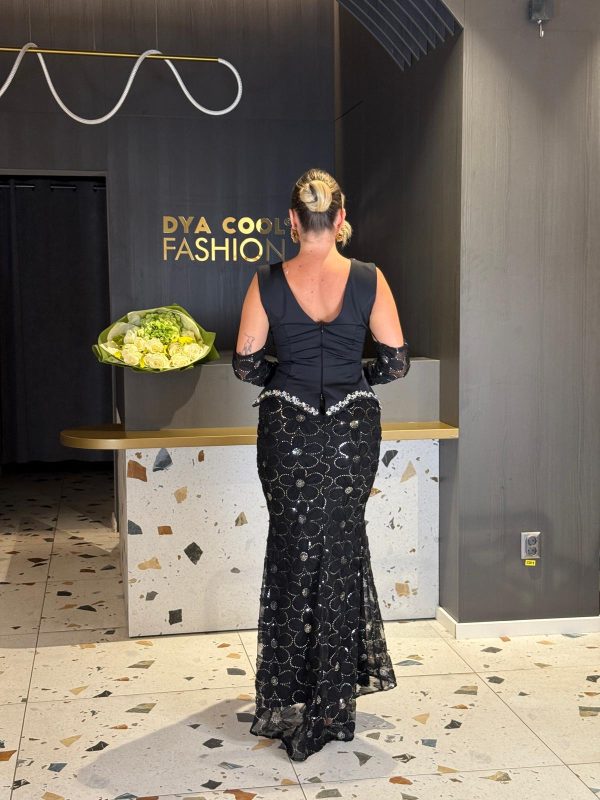 Rochie Lungă Neagră cu Aplicații Strălucitoare DYA1285 - imagine 4