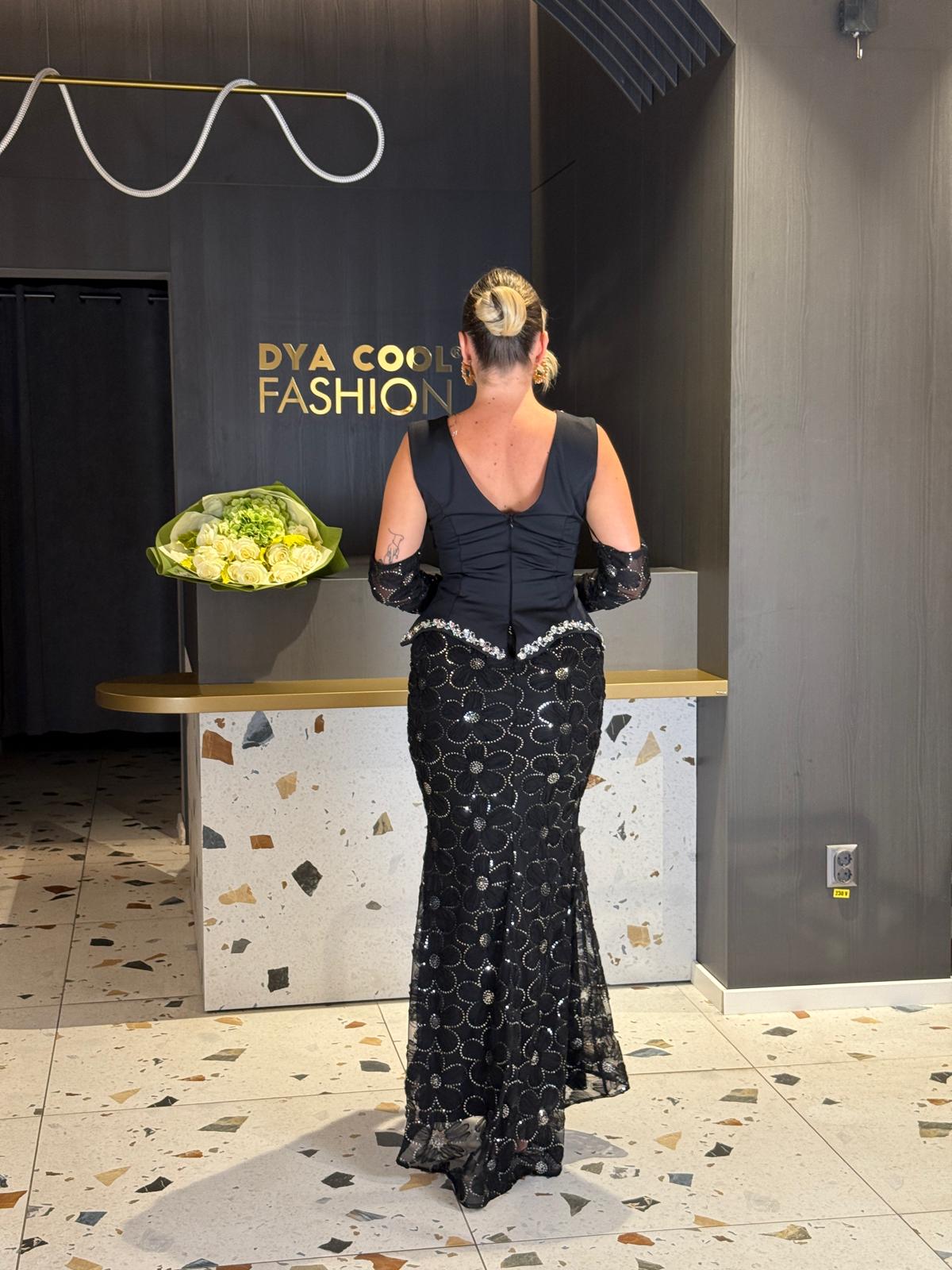 Rochie Lungă Neagră cu Aplicații Strălucitoare DYA1285 - imagine 4