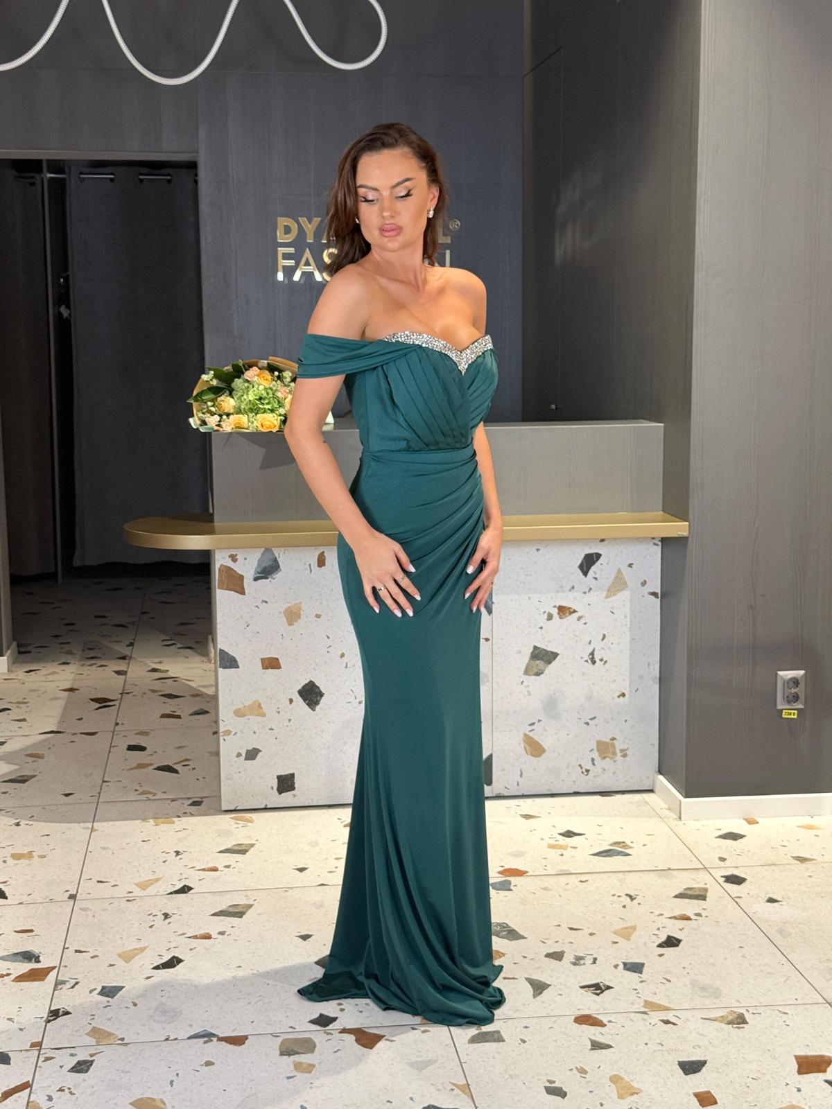 Rochie Lungă Verde Smarald cu Mâneci Căzute DYA1295 - imagine 3