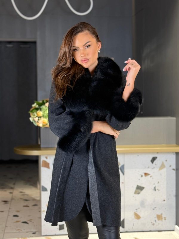 Palton Lână Alpaca cu Blană Naturală Negru DYA1291 - imagine 2