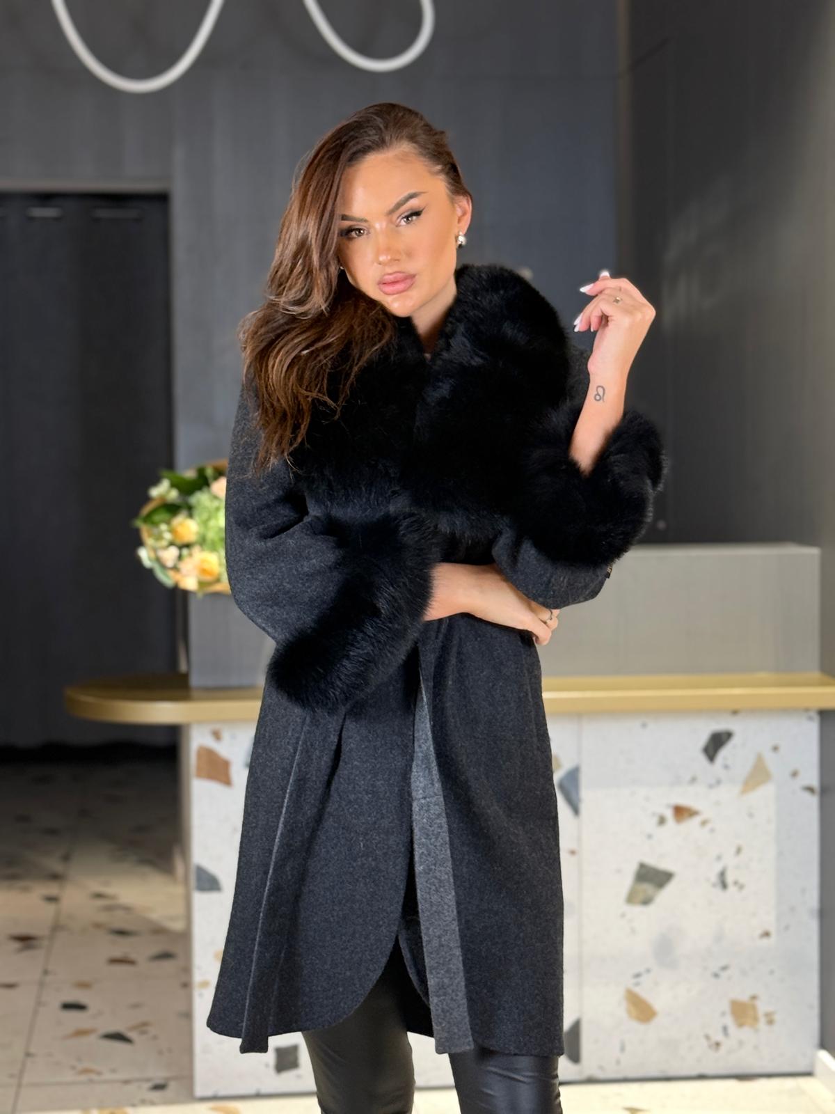 Palton Lână Alpaca cu Blană Naturală Negru DYA1291 - imagine 2