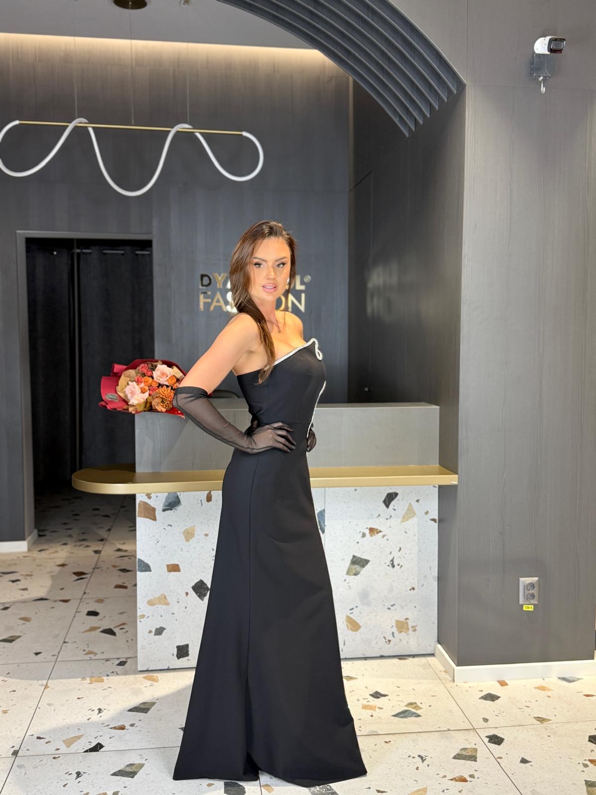 Rochie Lungă Elegantă Neagră Cu Detalii Argintii DYA1318 - imagine 5