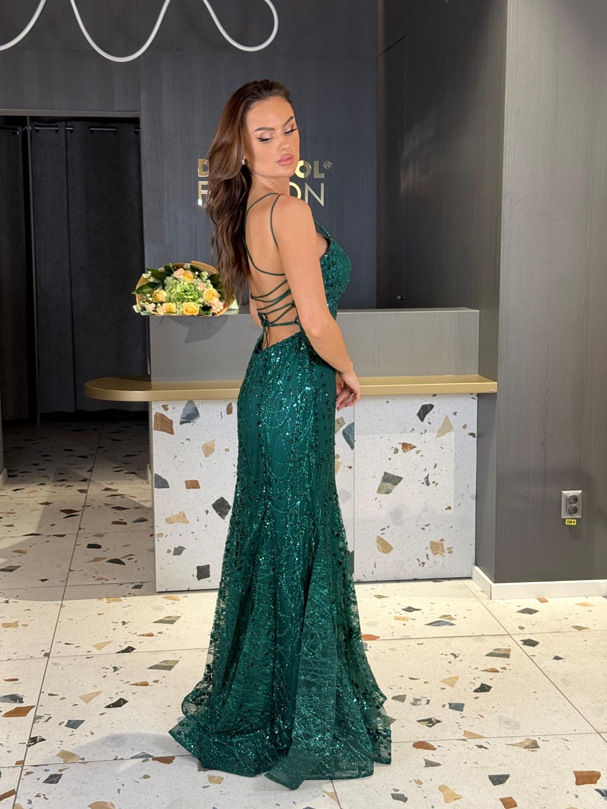 Rochie Lungă  DX Verde Smarald Cu Paiete DYA1274 - imagine 3