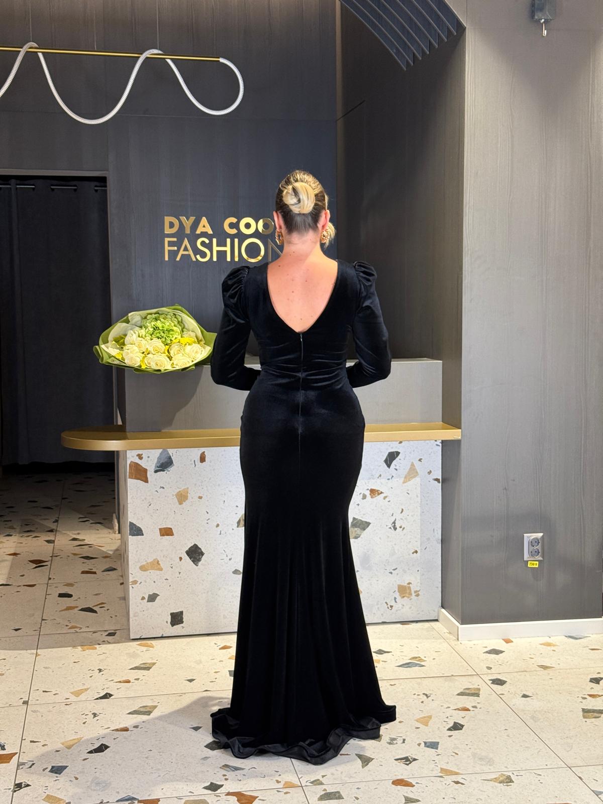Rochie Lungă Din Catifea Neagră DYA1276 - imagine 5
