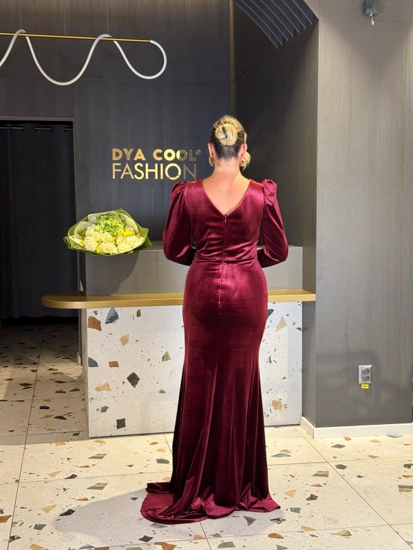 Rochie Lungă Din Catifea Burgundy DYA1275 - imagine 4