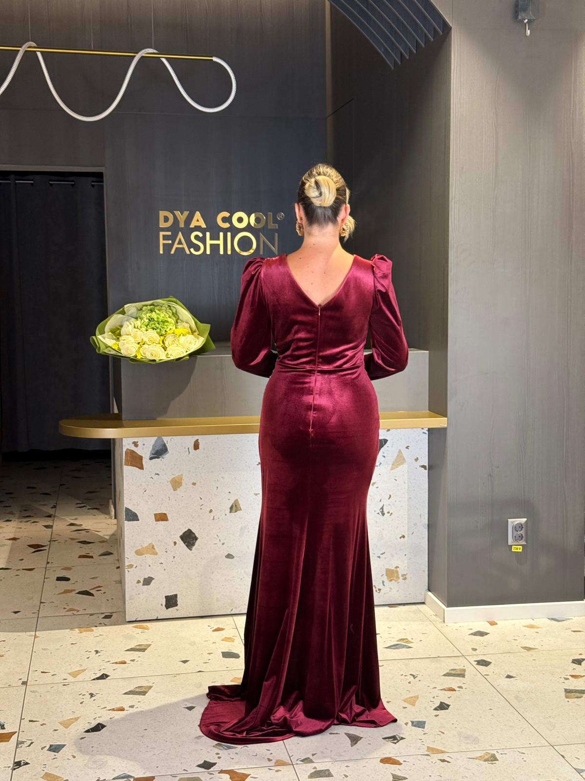 Rochie Lungă Din Catifea Burgundy DYA1275 - imagine 4