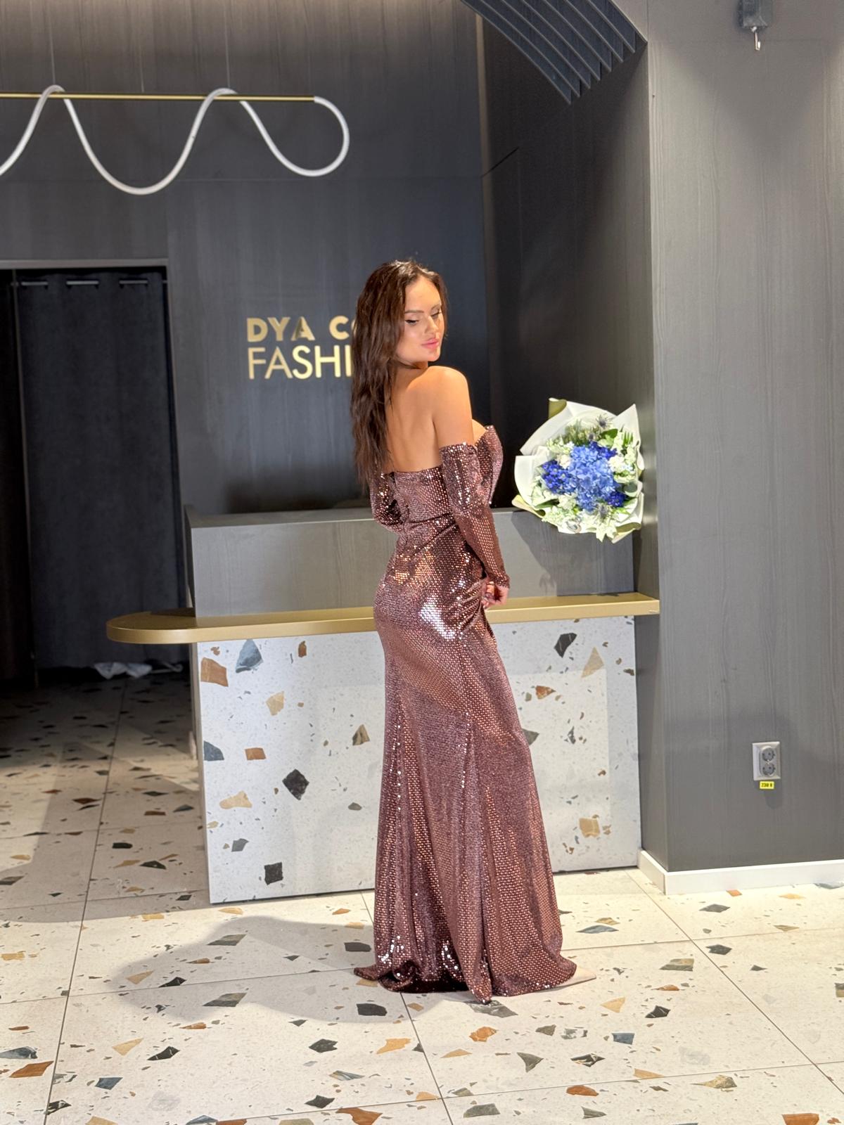 Rochie Lungă Cu Paiete Maro Ciocolatiu DYA1321 - imagine 3