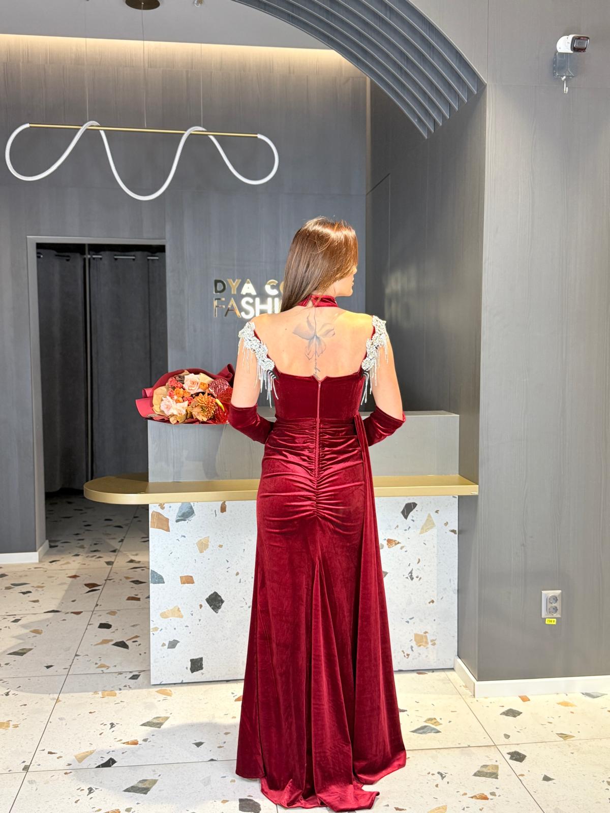 Rochie Catifea Burgundy Cu Aplicații Brodate DYA1343 - imagine 6